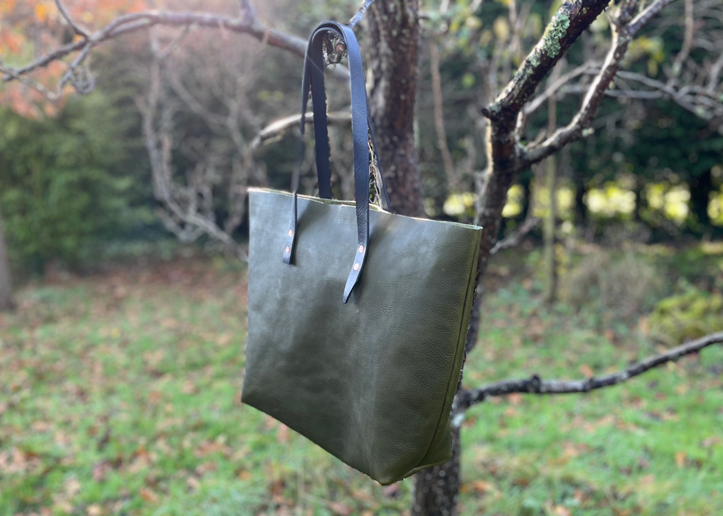 Handcrafted Italian Leather Tote Bag – Olive Minerva Box Leather with Copper Rivets