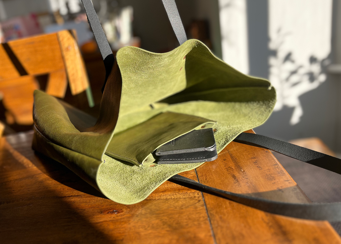 Handcrafted Italian Leather Tote Bag – Olive Minerva Box Leather with Copper Rivets