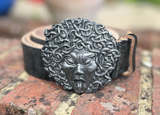 'Medusa' Belt - Black Oak Bark Tanned Leather Belt - Pewter Medusa Buckle - Hand Stitched