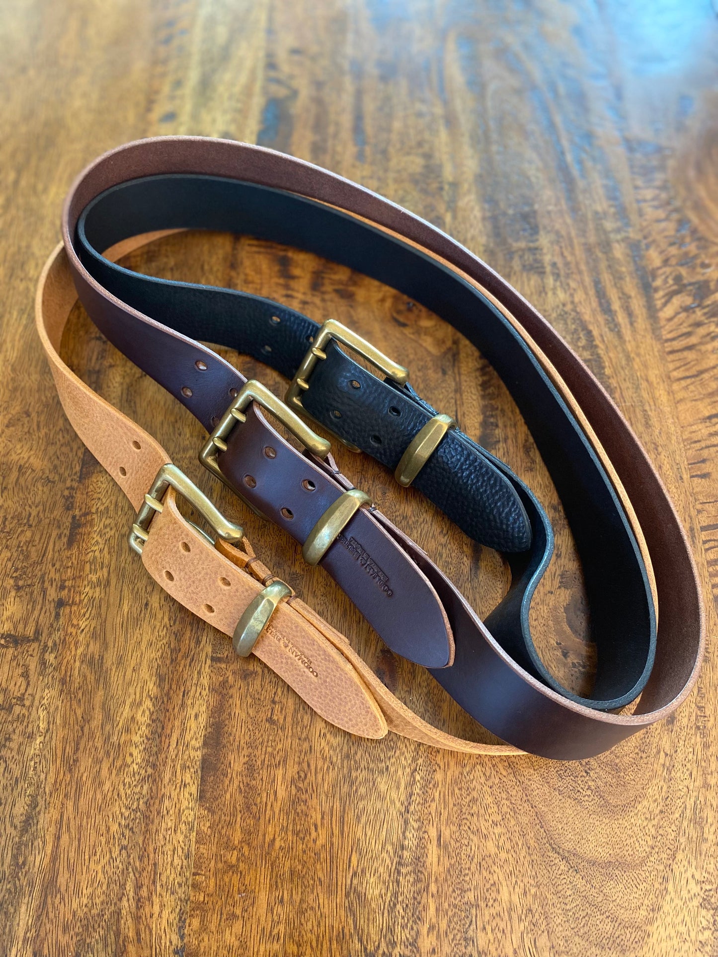 Tan Leather Belt - 2 prong Brass buckle - 1.5" (38mm wide) - Full Grain Leather - Hand Stitched