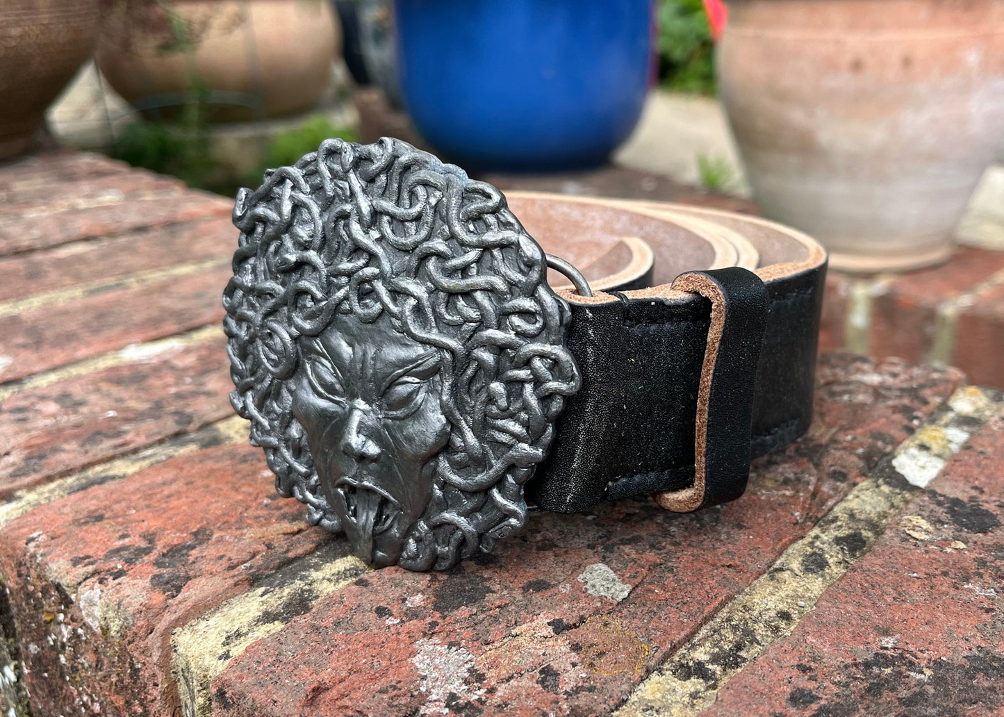 'Medusa' Belt - Black Oak Bark Tanned Leather Belt - Pewter Medusa Buckle - Hand Stitched