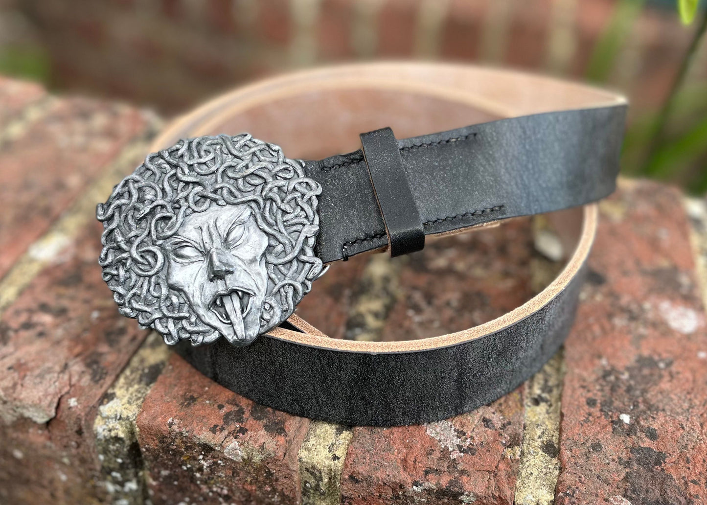 'Medusa' Belt - Black Oak Bark Tanned Leather Belt - Pewter Medusa Buckle - Hand Stitched