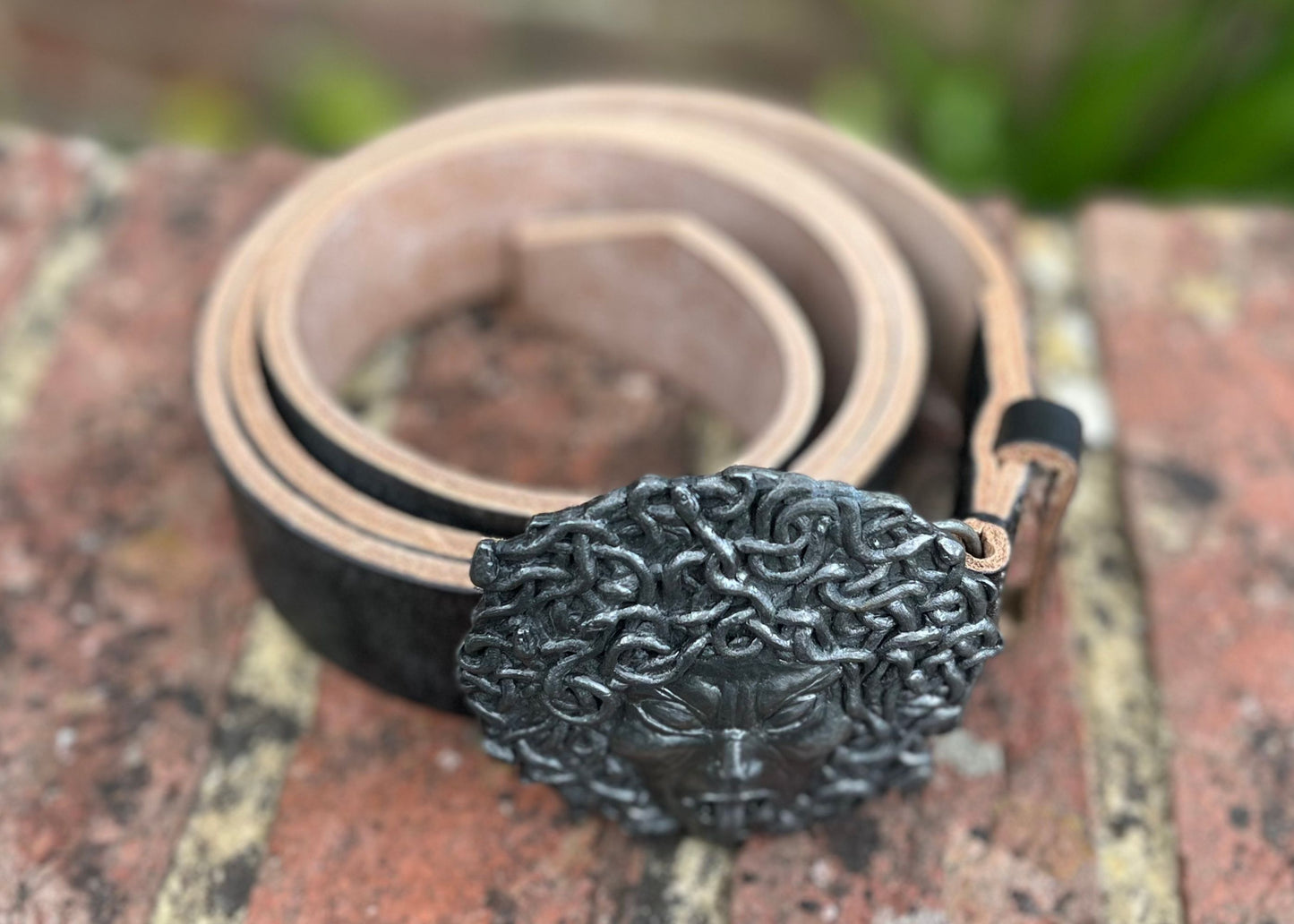 'Medusa' Belt - Black Oak Bark Tanned Leather Belt - Pewter Medusa Buckle - Hand Stitched