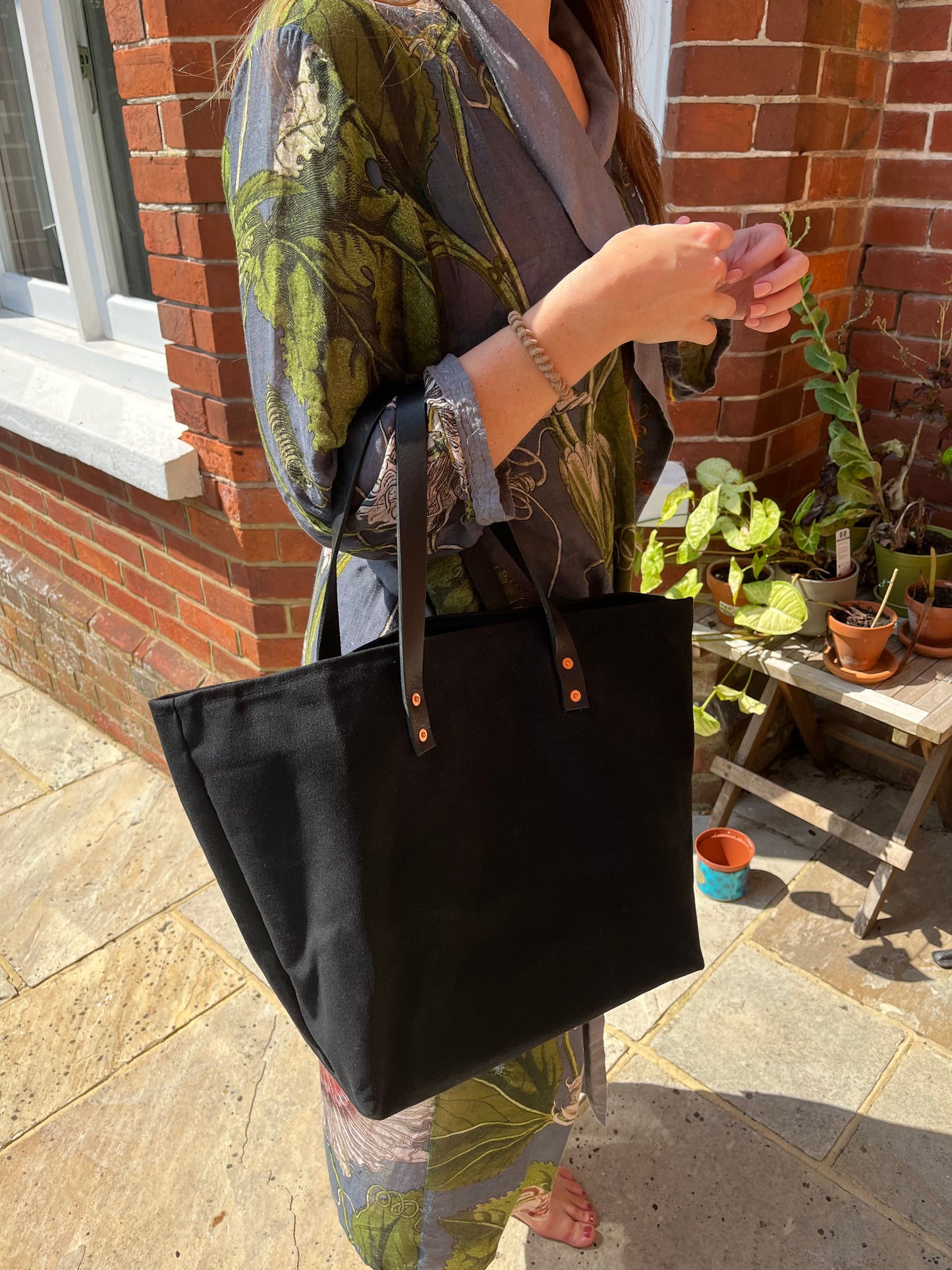 Black / Green Canvas Tote with Leather Handles