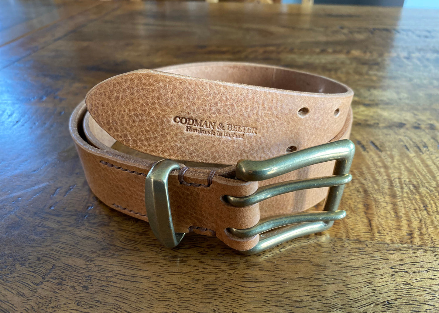 Tan Leather Belt - 2 prong Brass buckle - 1.5" (38mm wide) - Full Grain Leather - Hand Stitched