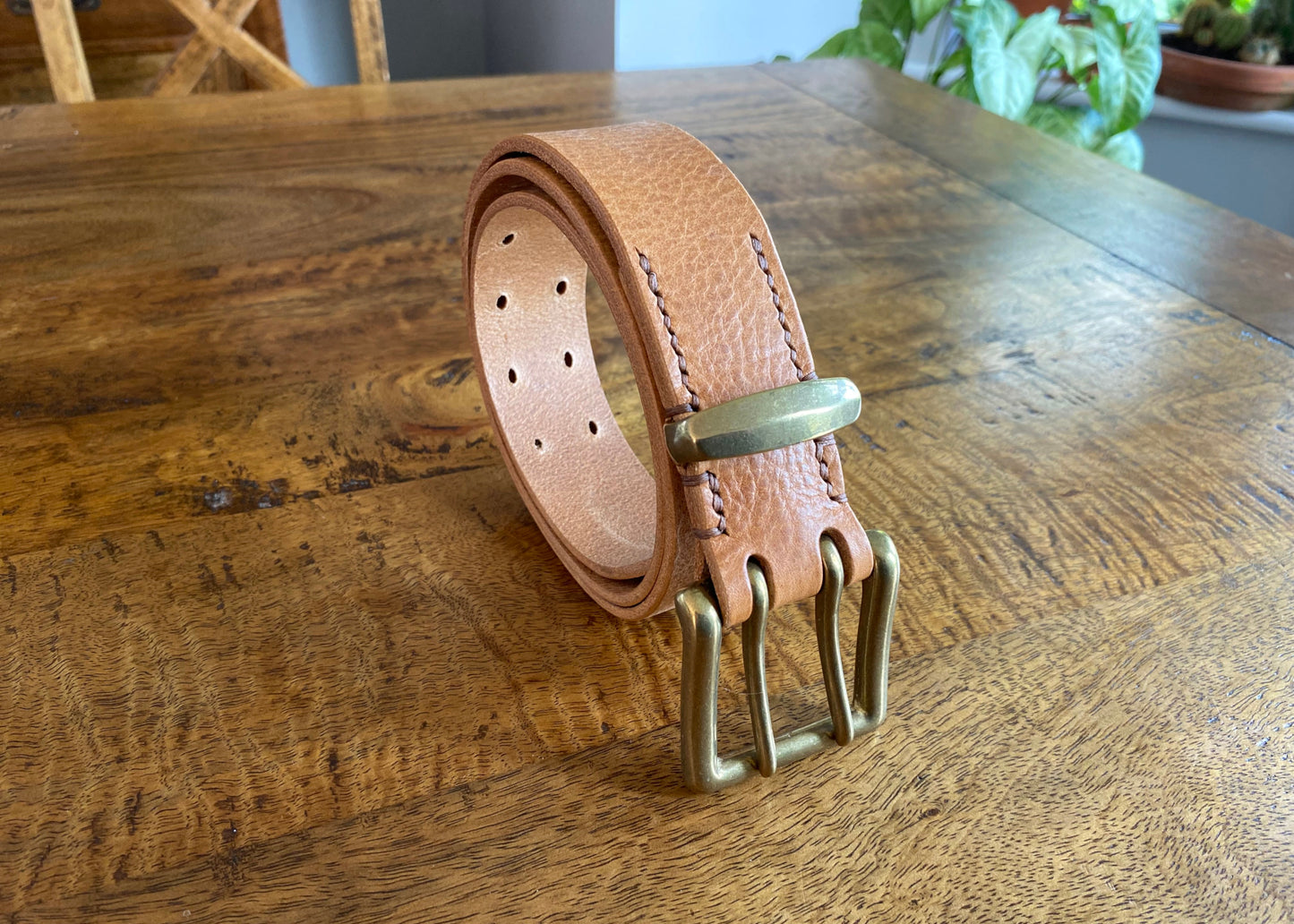 Tan Leather Belt - 2 prong Brass buckle - 1.5" (38mm wide) - Full Grain Leather - Hand Stitched