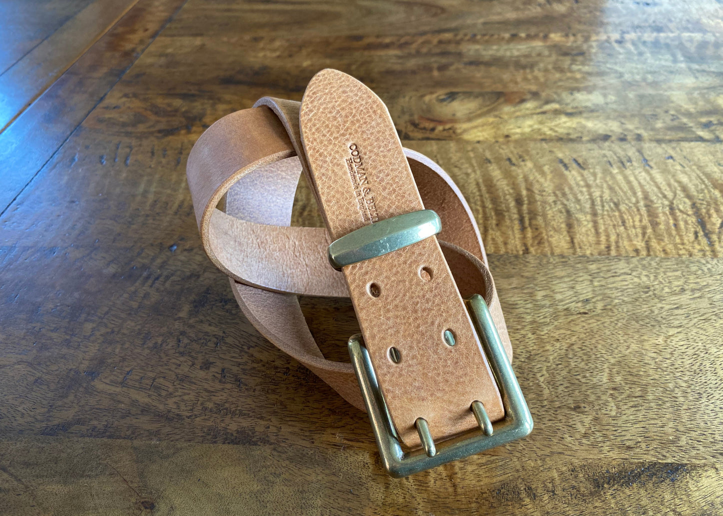 Tan Leather Belt - 2 prong Brass buckle - 1.5" (38mm wide) - Full Grain Leather - Hand Stitched