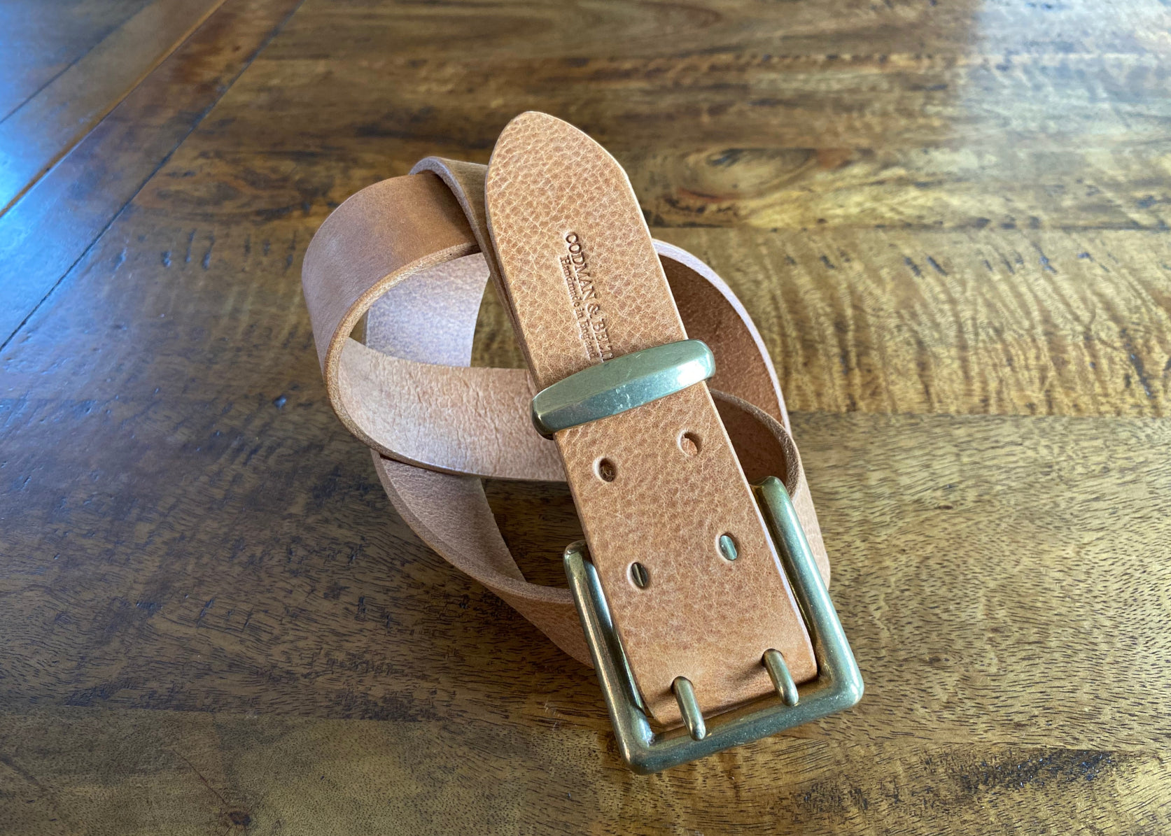 Tan Leather Belt - 2 prong Brass buckle - 1.5" (38mm wide) - Full Grain Leather - Hand Stitched