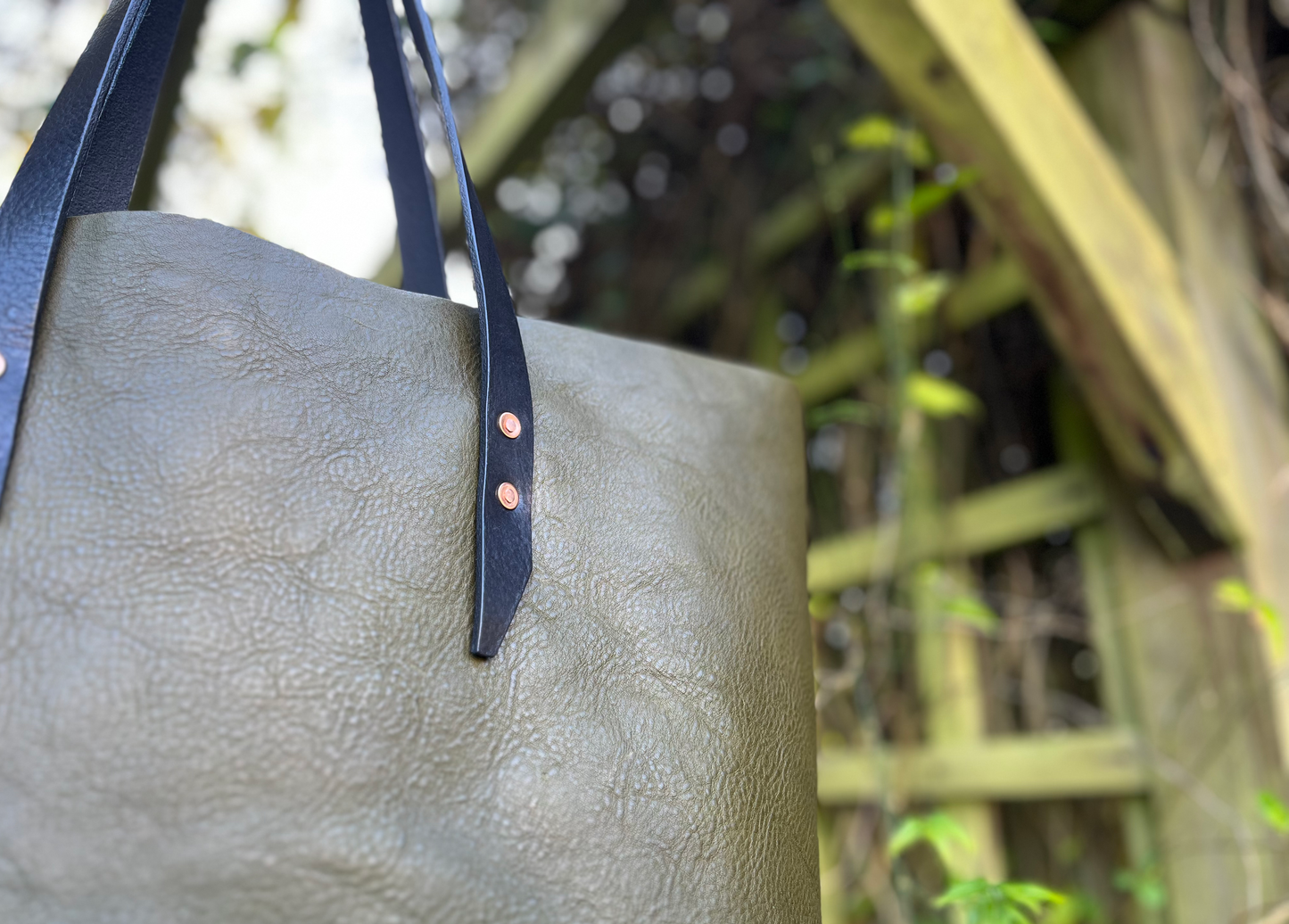 Handcrafted Italian Leather Tote Bag – Olive Minerva Box Leather with Copper Rivets