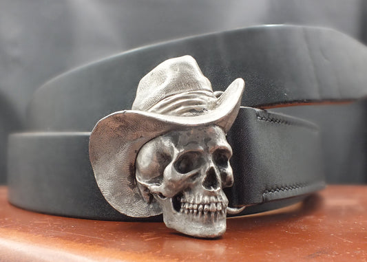 'El Pistolero Muerto' Belt - Handmade Oak Bark Tanned Leather Belt -Skull Cowboy Buckle